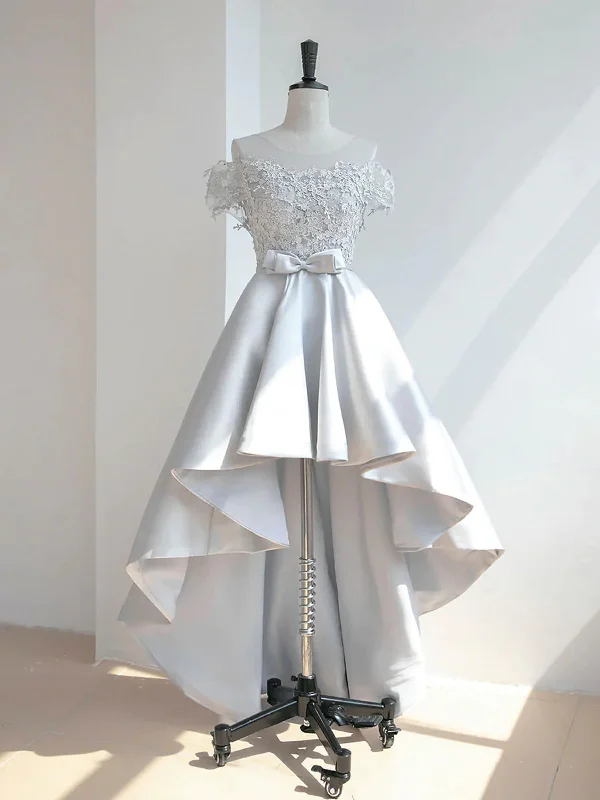Off the Shoulder High Low Gray Lace Prom Dresses, High Low Gray Lace Formal Homecoming Dresses Off the Shoulder High Low Gray Lace Prom Dresses, High Low Gray Lace Formal Homecoming Dresses