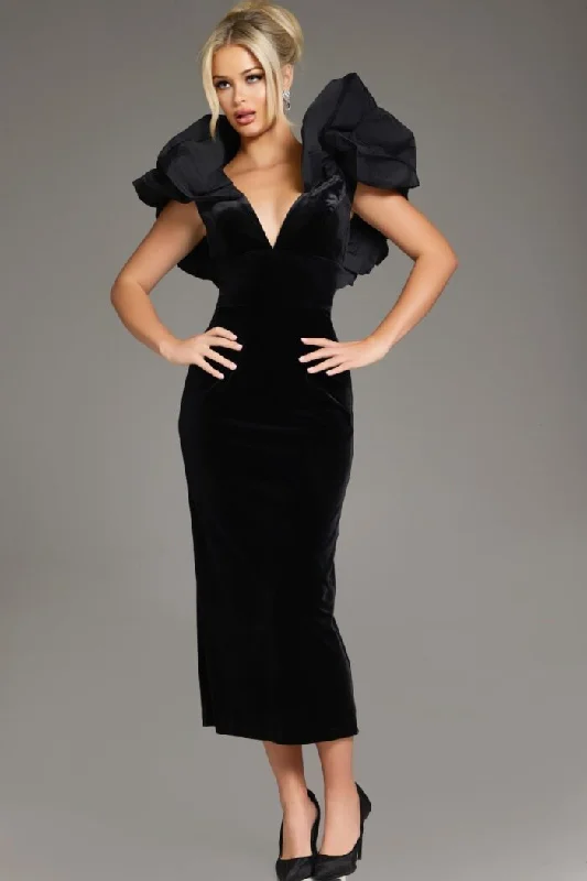 Jovani 39978 Ruffle Tea Length Velvet Formal Dress
