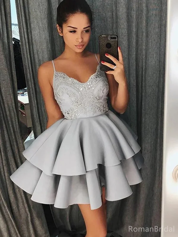 Sexy Spaghetti Strap Sleeveless A-line Satin Short Ruffles Homecoming Dresses For Party Online, HD01011 Sexy Spaghetti Strap Sleeveless A-line Satin Short Ruffles Homecoming Dresses For Party Online, HD01011