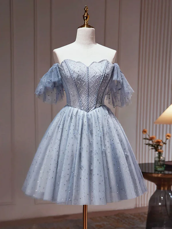 Off the Shoulder Short Gray Beaded Prom Dresses, Short Gray Beaded Graduation Homecoming Dresses Off the Shoulder Short Gray Beaded Prom Dresses, Short Gray Beaded Graduation Homecoming Dresses
