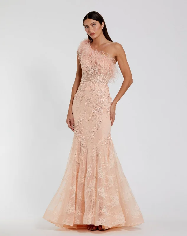 Mac Duggal 79451 Long Mermaid Formal Lace Feather Corset Prom Dress