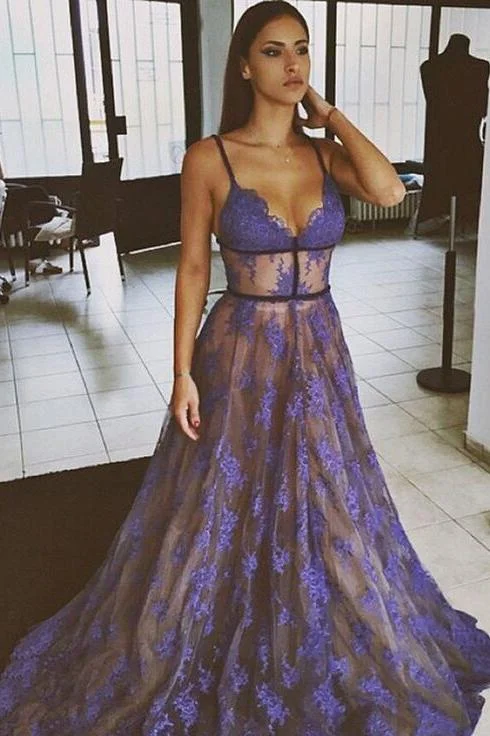 Purple Lace Spaghetti Straps Nude Lining Long Sexy Prom Dress DM867
