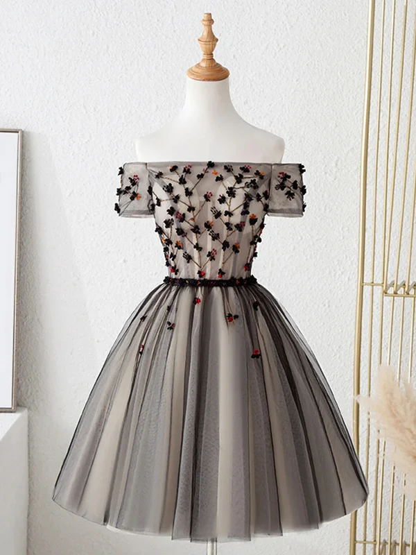 Off the Shoulder Short Black Floral Prom Dresses, Short Black Floral Graduation Homecoming Dresses Off the Shoulder Short Black Floral Prom Dresses, Short Black Floral Graduation Homecoming Dresses