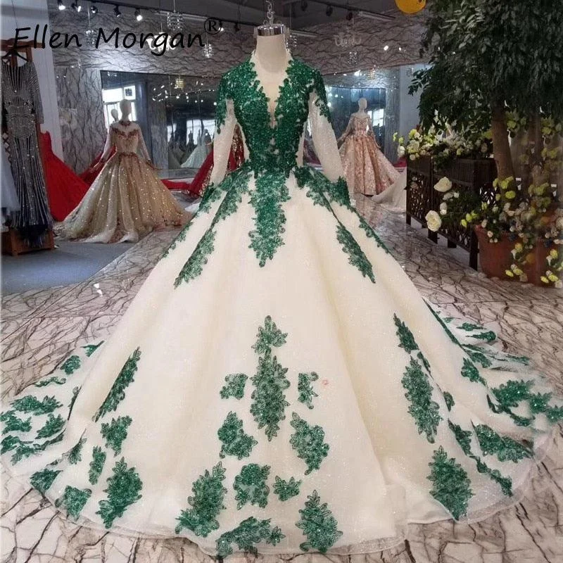 Arabic Glitter Ivory with Dark Green Lace  Vintage Evening Dress