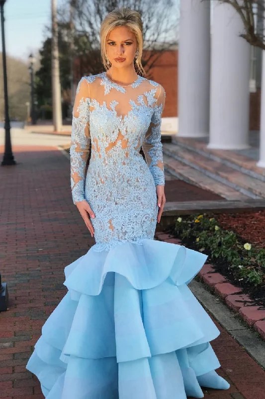 Elegant Long Sleeves Mermaid Blue Lace Layered Prom Dress with Open Back DMA36