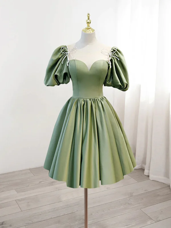 Short Green Short Sleeves Satin Prom Dresses, Short Green Formal Homecoming Dresses