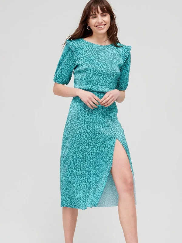Green Animal Print Frill Detail Plisse Dress Size 10 **** V469