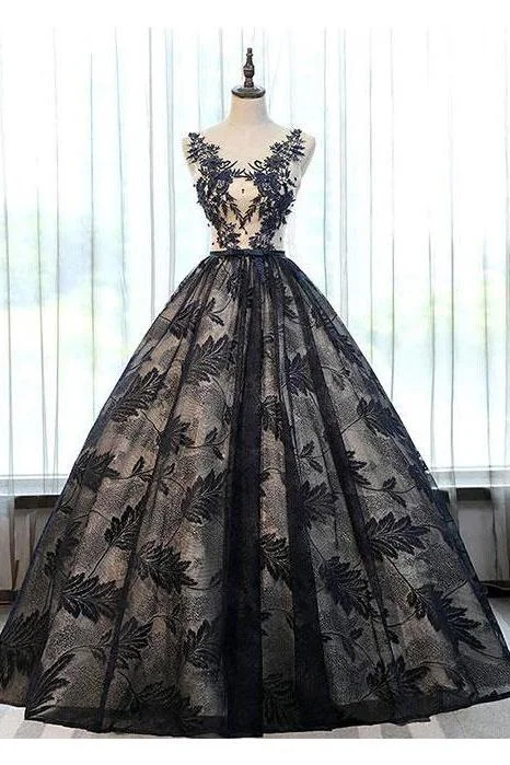 Ball Gown Black Lace Long Prom Dresses With Applique DM897