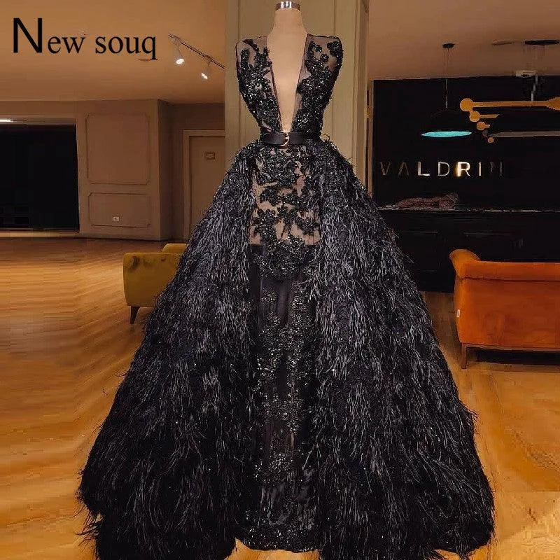 Black Feather Couture Two Pieces Deep V Neck Evening Dress
