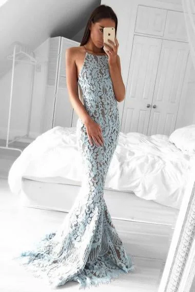 Charming Mermaid Halter Sweep Train Blue Lace Sleeveless Prom Dress beautiful DM830