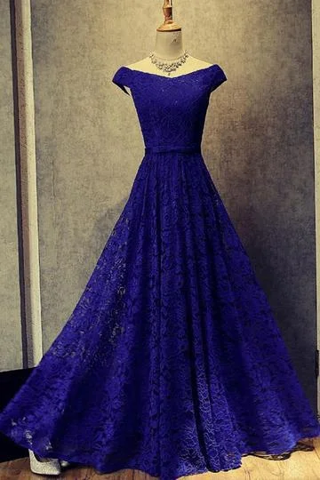 Royal Blue A Line Off Shoulder Lace Long Prom Dresses Evening Dresses DM741