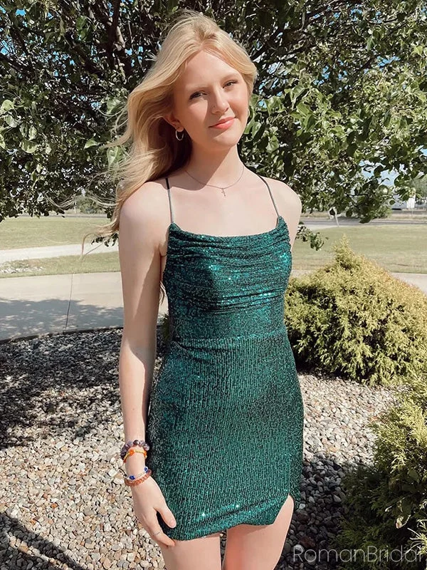 Shiny Spaghetti Strap Sleeveless Short Sequin Mermaid Homecoming Dresses With Slit For Party Online, HD0803 Shiny Spaghetti Strap Sleeveless Short Sequin Mermaid Homecoming Dresses With Slit For Party Online, HD0803