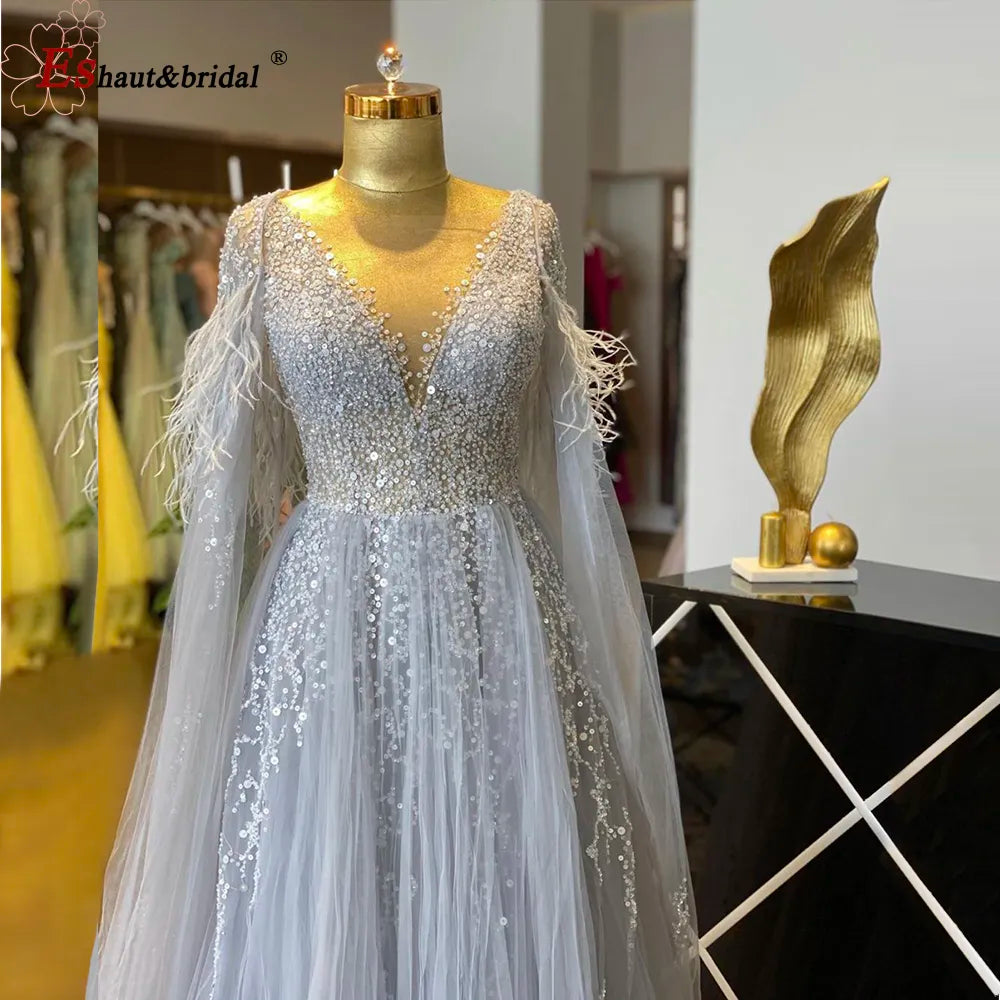 Silver A-Line Beads Detachable Train Feathers  Evening Night Dress