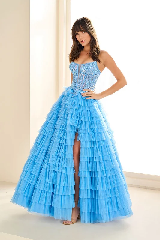 Ellie Wilde EW36086 A Line Long Formal Ruffle Sequin Prom Dress