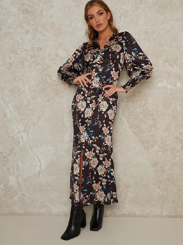 Chi Chi London V Neck Smock Midi Floral Print Dress Size 6 ** V516