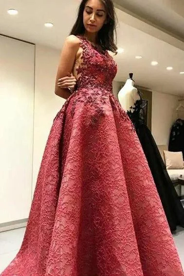 Modest A-Line Round Neck Backless Sweep Train Lace Prom Dress with Appliques DM963