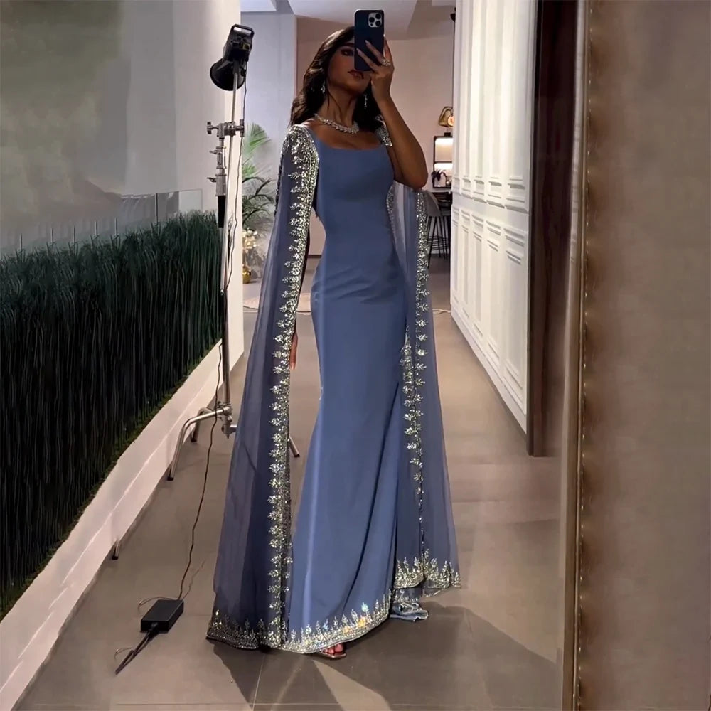 Elegant Long Formal Cape Sleeves Luxury Evening Dress
