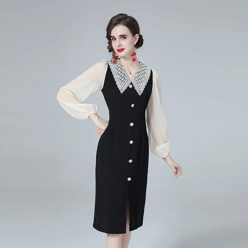 Chic Sailor Collar Button Down Split Knee Length Dress