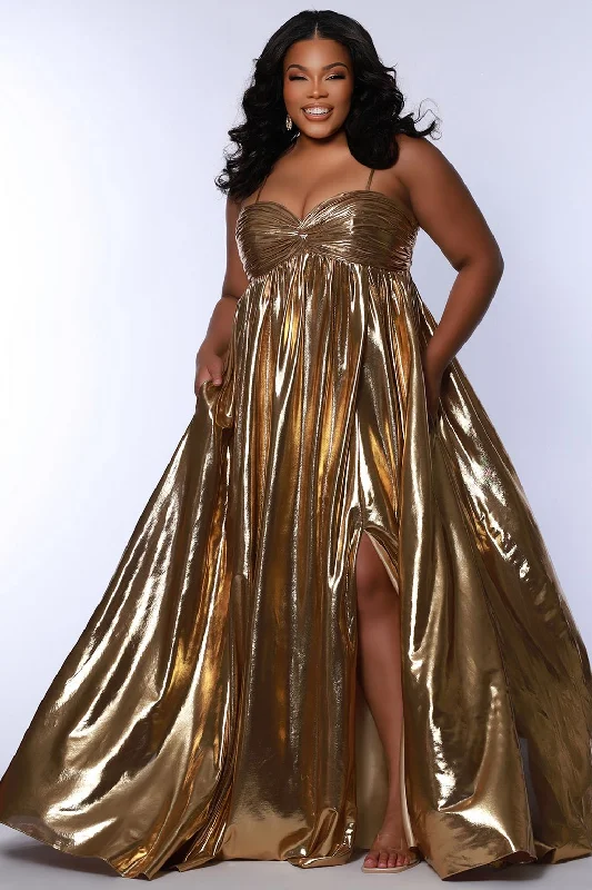 Sydneys Closet SC7414 Pleated Long Slit Formal Plus Size Prom Dress