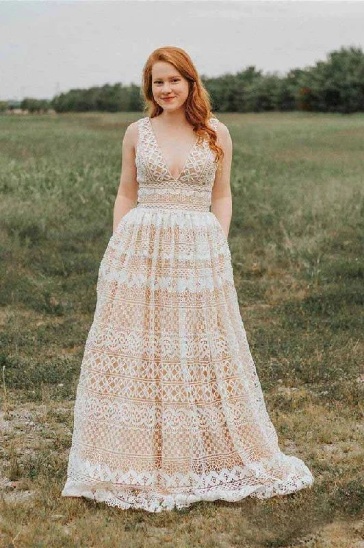 Ivory V Neck Long Lace Plus Size Prom Dresses with Pocket Vintage Formal Dress DMH66 Ivory V Neck Long Lace Plus Size Prom Dresses with Pocket Vintage Formal Dress DMH66