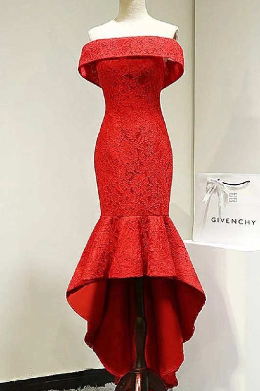 Red Long Lace Elegant Off Shoulder Mermaid High-Low Lace Up Prom Dresses DM484