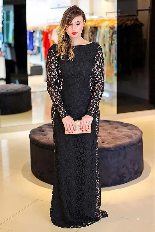 Black Lace Bateau Sheath Long Backless Plus Size Prom Dress DM661
