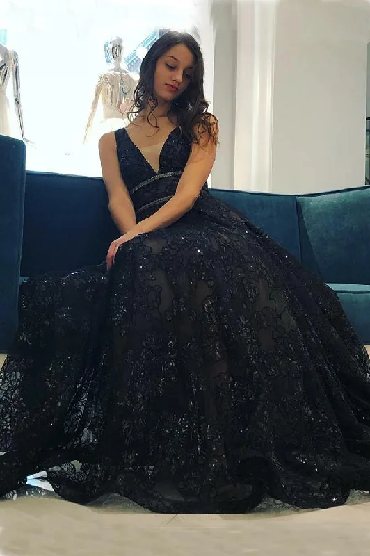 Beautiful A-Line V-Neck Floor-Length Black Lace Long Prom Dress DM899
