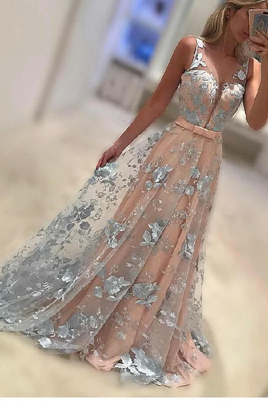 Charming Flower Lace Sleeveless A Line Long Prom Dresses,Formal Evening Gown DM394