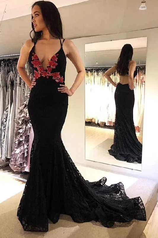 Black Lace Mermaid Backless Spaghetti Straps Prom Dresses, Evening Dress DMP044