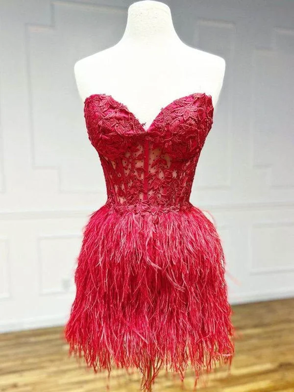 Strapless Short Pink Red White Purple Black Feather Prom Dresses, Short Feather Formal Homecoming Dresses Strapless Short Pink Red White Purple Black Feather Prom Dresses, Short Feather Formal Homecoming Dresses