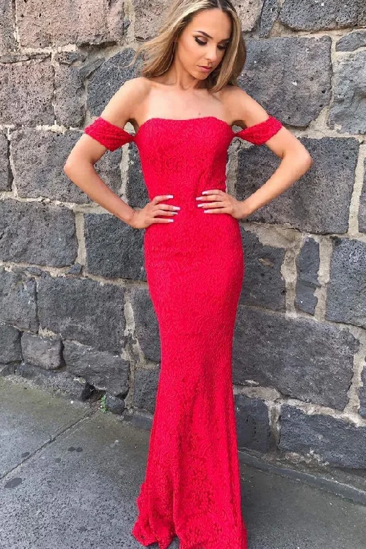 Red Mermaid Sexy Long Strapless Lace Prom Gowns,Off the Shoulder Evening Dress DM731
