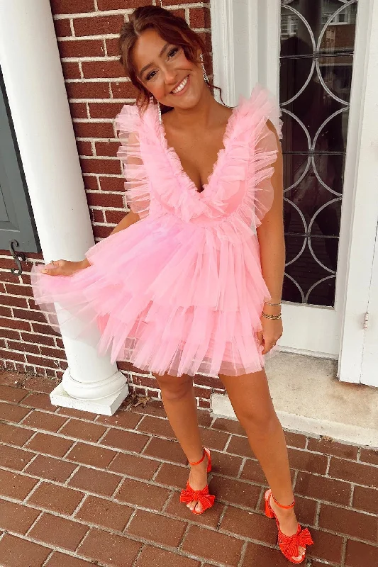 Pink Ruffle-Layers Plunging V Neck Homecoming Dress