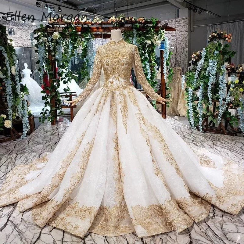 Vintage High Neck Long Sleeves Ivory with Gold Lace Beads Arabic Bridal Dress