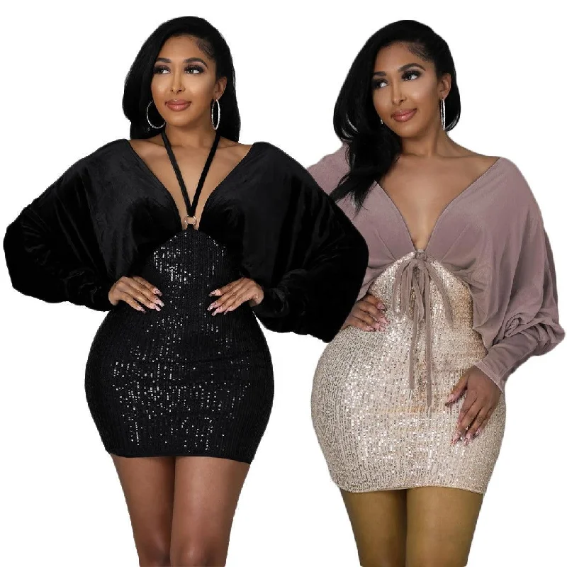 Elegant sexy fitted slim deep v puff sleeve sequin dress