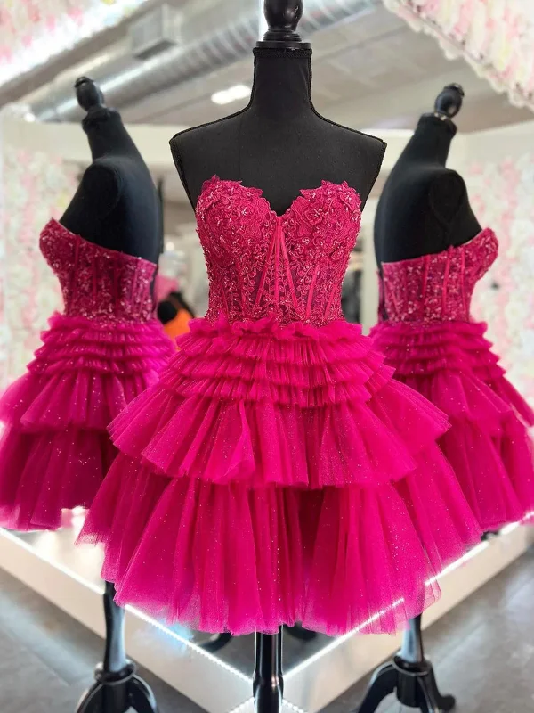 Short Pink Red Layered Lace Prom Dresses, Short Pink Red Layered Formal Homecoming Dresses Short Pink Red Layered Lace Prom Dresses, Short Pink Red Layered Formal Homecoming Dresses