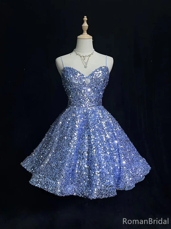 Shiny Spaghetti Strap Sleeveless A-line Sequin Short Homecoming Dresses For Party Online, HD01018 Shiny Spaghetti Strap Sleeveless A-line Sequin Short Homecoming Dresses For Party Online, HD01018