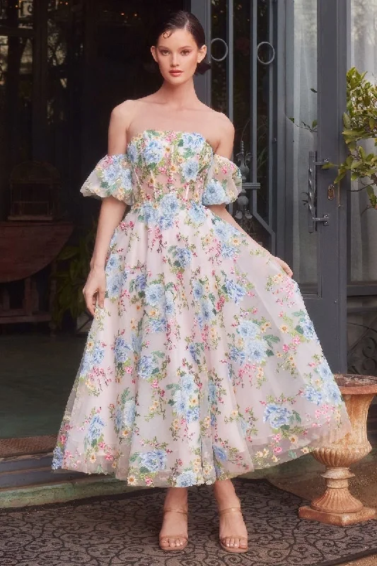 Andrea & Leo A1406 Tea Length A Line Printed Floral Formal Dress