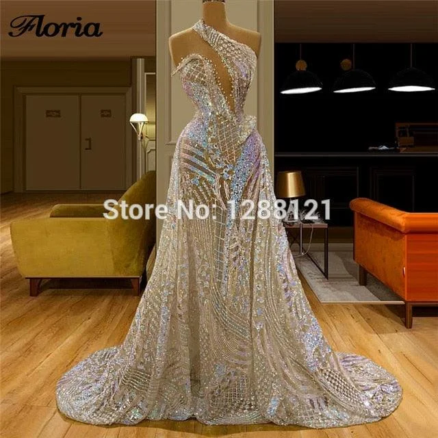 Vintage Sequins One Shoulder Formal Evening Dress