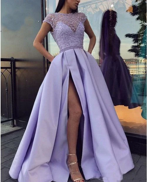 High Slit Satin Lace Beaded Purple Evening Dress