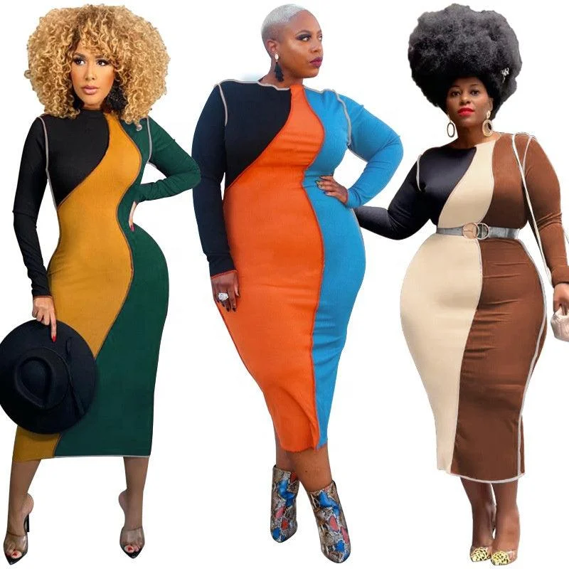 Color block contrast fashion bodycon casual plus size women's dress