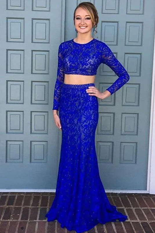 Elegant Sheath Scoop Neck Lace Beading Royal Blue Long Sleeve Two Piece Prom Dresses DM611 Elegant Sheath Scoop Neck Lace Beading Royal Blue Long Sleeve Two Piece Prom Dresses DM611