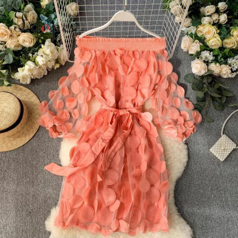 Dimensional Flower Bubble Sleeve Three Quarter Dress