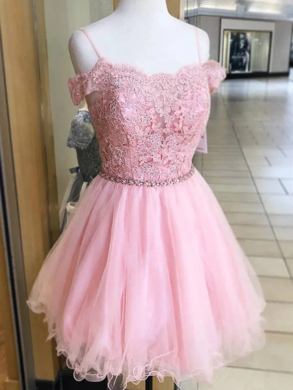 Off the Shoulder Short Pink Lace Prom Dresses, Short Pink Lace Formal Homecoming Dresses Off the Shoulder Short Pink Lace Prom Dresses, Short Pink Lace Formal Homecoming Dresses