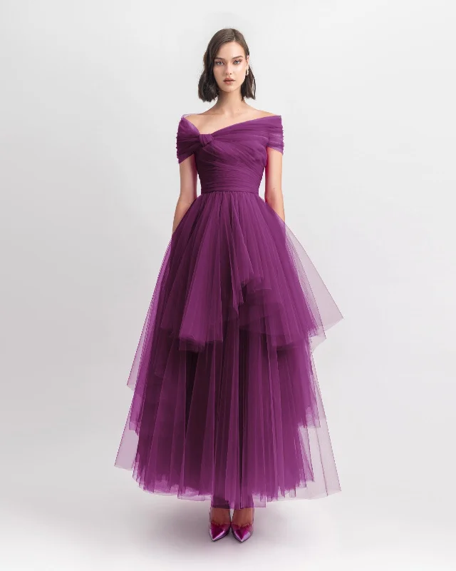 Asymmetrical Tulle Burgundy Dress