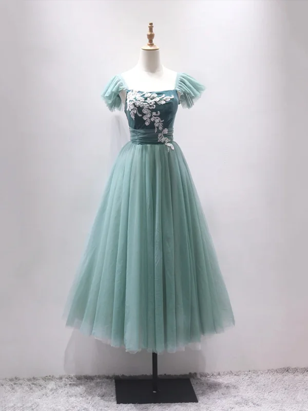 Off the Shoulder Green Tea Length Prom Dresses, Short Green Tea Length Formal Homecoming Dresses Off the Shoulder Green Tea Length Prom Dresses, Short Green Tea Length Formal Homecoming Dresses