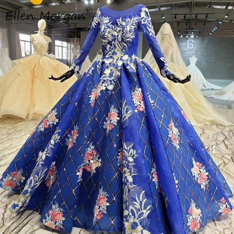 Blue Long Sleeves Lace Beads Pearls Vintage Formal Ball Dress
