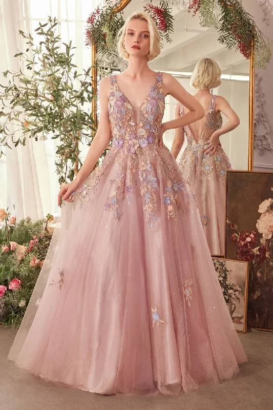 Andrea & Leo A1394 A Line Long Floral Lace Applique Formal Prom Dress