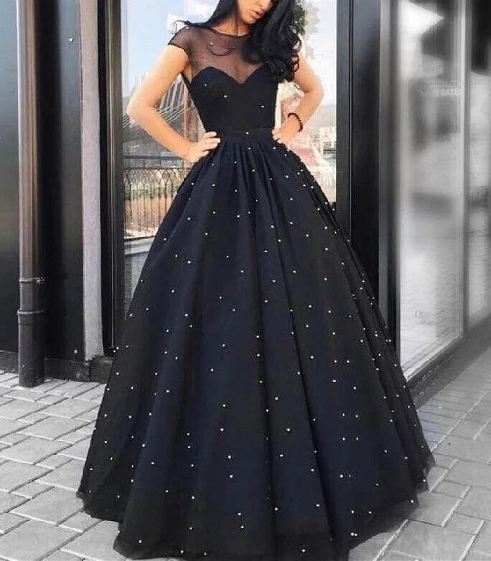 Beaded Black Tulle Long Elegant Formal Dress