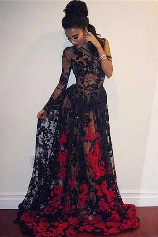 Sexy A-line One Shoulder Floor-length Long Sleeve Black Lace Prom Dress DM993