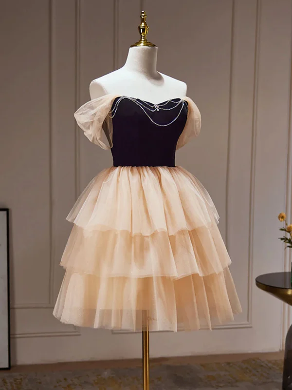 Off the Shoulder Short Black Champagne Prom Dresses, Short Black Champagne Graduation Homecoming Dresses Off the Shoulder Short Black Champagne Prom Dresses, Short Black Champagne Graduation Homecoming Dresses